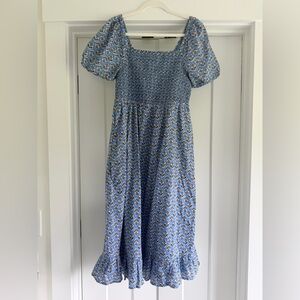 J Crew Blue Smocked Floral Midi Dress Puff Sleeves